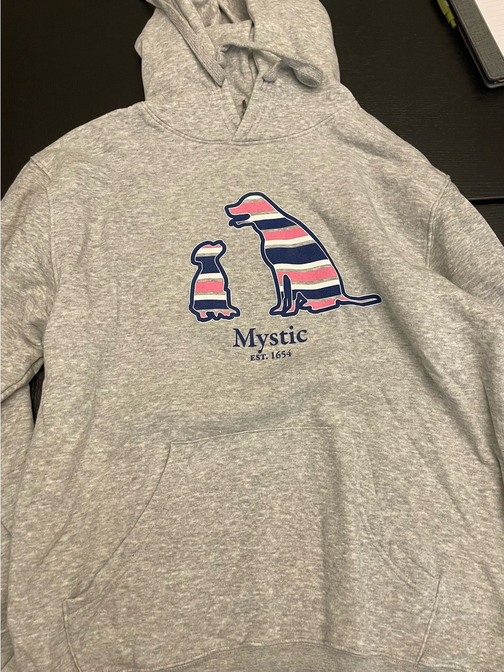 Unisex Mystic Grey Crewneck Hoodie with Pink & Navy Striped Dog Graphic